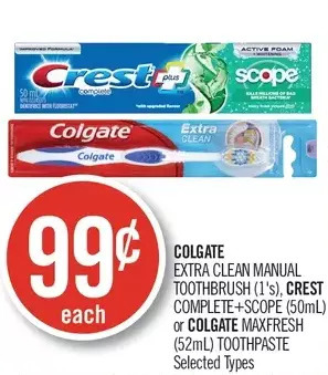 Shoppers Drug Mart Colgate extra clean manual toothbrush, crest complete+scope or colgate maxfresh toothpaste offer