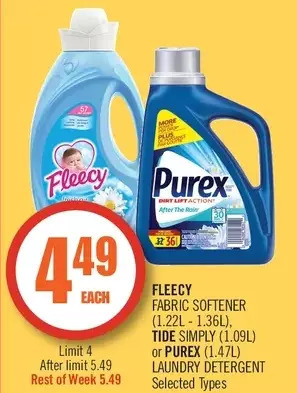 Shoppers Drug Mart Fleecy fabric softener, tide simply or purex laundry detergent offer