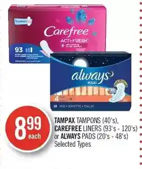 Shoppers Drug Mart Tampax tampons, carefree liners or always pads offer