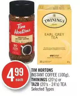 Shoppers Drug Mart Tim hortons instant coffee, twinings or tazo tea offer