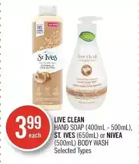 Shoppers Drug Mart Live clean hand soap, st. ives or nivea body wash offer