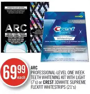 Shoppers Drug Mart Arc professional-level one week teeth whitening kit with light or crest 3dwhite supreme flexfit whitestrips offer