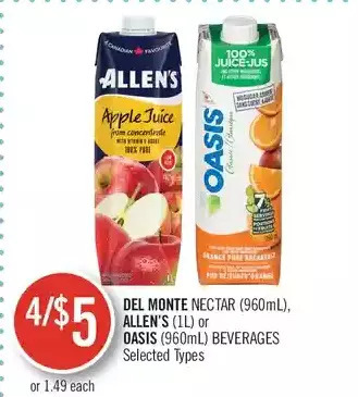 Shoppers Drug Mart Del monte nectar, allen's or oasis beverages offer