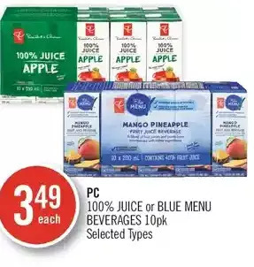 Shoppers Drug Mart Pc 100% juice or blue menu beverages offer