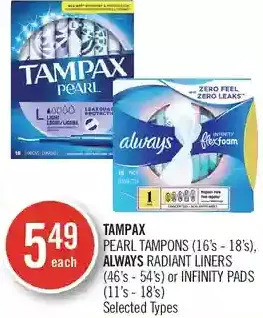 Shoppers Drug Mart Tampax pearl tampons, always radiant liners or infinity pads offer
