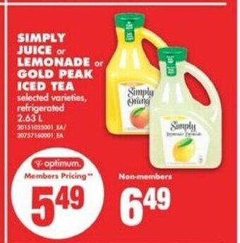 No Frills Simply juice or lemonade or gold peak iced tea 2,63 L offer