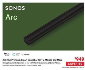 Visions Electronics Sonos arc: the premium smart soundbar for tv, movies and more offer
