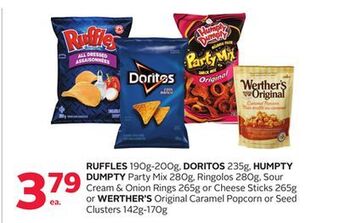 Rexall Ruffles 190g-200g, doritos 235g, humpty dumpty party mix 280g, ringolos 280g, sour cream & onion rings 265g or cheese sticks offer