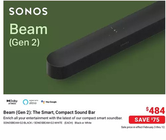 Visions Electronics Sonos beam (gen 2): the smart, compact sound bar offer