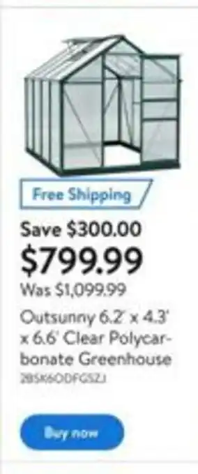 Walmart Outsunny 6.2' x 4.3' x 6.6' clear polycarbonate greenhouse offer