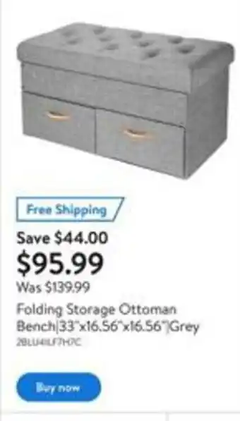 Walmart Folding storage ottoman bench 33'' x 16.56'' x 16.56'' grey offer