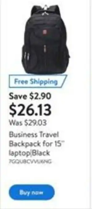 Walmart Business travel backpack for 15'' laptop black offer
