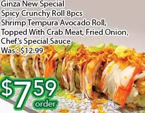 Ample Food Market Ginza new special spicy crunchy roll | shrimp tempura avoado roll, topped with crab meat, fried onion, chef's special sauce offer