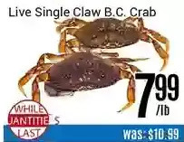 Nations Fresh Foods Live single claw b.c. crab offer
