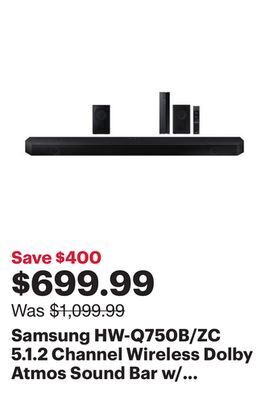 Best Buy Samsung hw-q750b/zc 5.1.2 channel wireless dolby atmos sound bar w/ wireless subwoofer & speakers offer