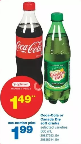 Wholesale Club Coca-cola or canada dry soft drinks offer