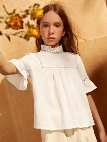 SheIn Shein girls frill mock neck flounce sleeve embroidery tape detail top offer