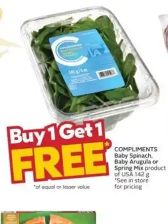 Sobeys Compliments baby spinanch, baby arugula or spring mix 142g offer