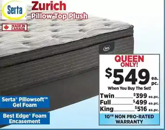 Surplus Furniture Serta zurich pillow top plush twin mattress | full | queen | king offer
