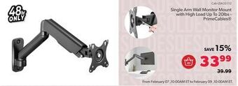 Shopper+ Single arm wall monitor mount with high load up to 20lbs - primecables offer