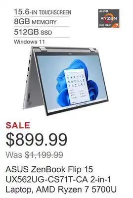 Costco Asus zenbook flip 15 ux562ug-cs71t-ca 2-in-1 laptop, amd ryzen 7 5700u offer