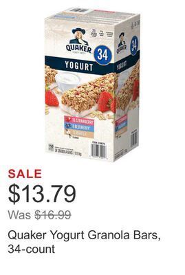 Costco Quaker yogurt granola bars, 34-count offer