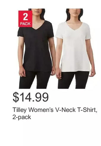 Costco Tilley women’s v-neck t-shirt, 2-pack offer
