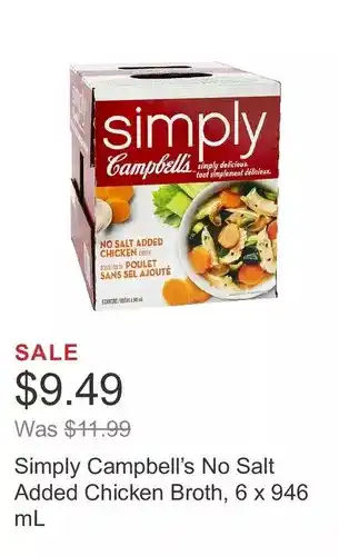 Costco Simply campbell’s no salt added chicken broth, 6 x 946 ml offer