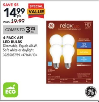 Lowe's Ge 4-pack a19 led bulbs offer