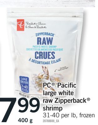 Fortinos Pc® pacific large white raw zipperback® shrimp, 31-40 per lb, 400 g offer