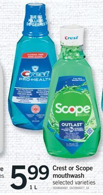 Fortinos Crest or scope mouthwash, 1 l offer