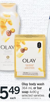 Fortinos Olay body wash, 364 ml or bar soap, 4x90 g offer