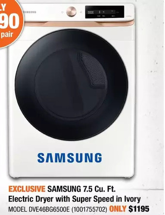 Home Depot Samsung 7.5 cu. ft. electric dryer with super speed in ivory offer