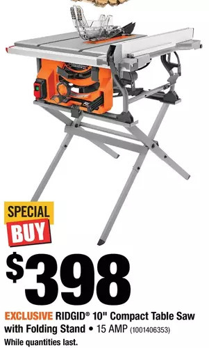 Home Depot Ridgid 10" compact table saw with folding stand offer