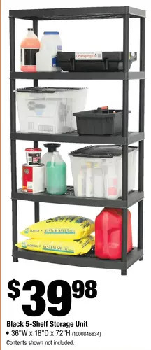 Home Depot Black 5-shelf storage unit offer