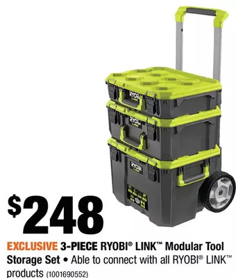 Home Depot 3-piece ryobi link modular tool storage set offer