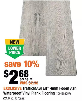 Home Depot Trafficmaster 4mm foden ash waterproof vinyl plank flooring offer