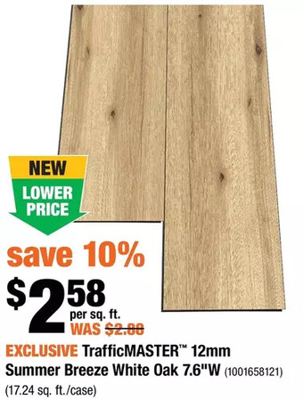 Home Depot Trafficmaster 12mm summer breeze white oak 7.6"w offer