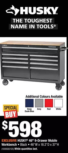 Home Depot Husky 46" 9-drawer mobile workbench offer