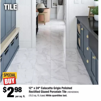 Home Depot 12" x 24" calacatta grigio polished rectified glazed porcelain tile offer