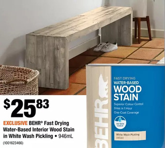 Home Depot Behr fast drying water-based interior wood stain in white wash pickling offer