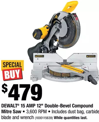 Home Depot Dewalt 15 amp 12" double-bevel compound mitre saw offer