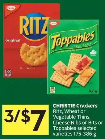 Foodland Christie crackers ritz, wheat or vegetable thins, cheese nibs or bits or toppables offer