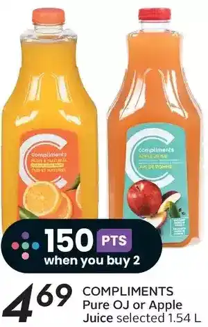 Sobeys Compliments pure oj or apple juice offer