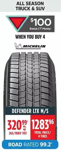 Canadian Tire Michelin defender ltx m/s tire offer