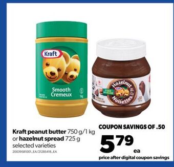 Real Canadian Superstore Kraftpeanut butter, 750 g/1 kg or hazelnut spread, 725 g offer