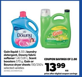 Real Canadian Superstore Gain liquid 4.55 l laundry detergent, downy fabric softener 1.41/3.81 l, scent boosters 570 g, gain or bounce dryer sheets 15 offer