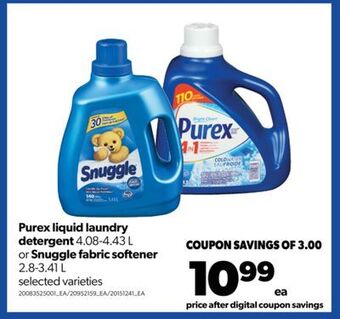 Real Canadian Superstore Purex liquid laundry detergent 4.08-4.43 l or snuggle fabric softener 2.8-3.41 l offer