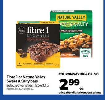 Real Canadian Superstore Fibre 1 or nature valley sweet & salty bars, 125-210 g offer