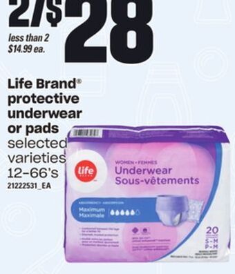 Loblaws Life brand® protective underwear or pads, 12-66's offer
